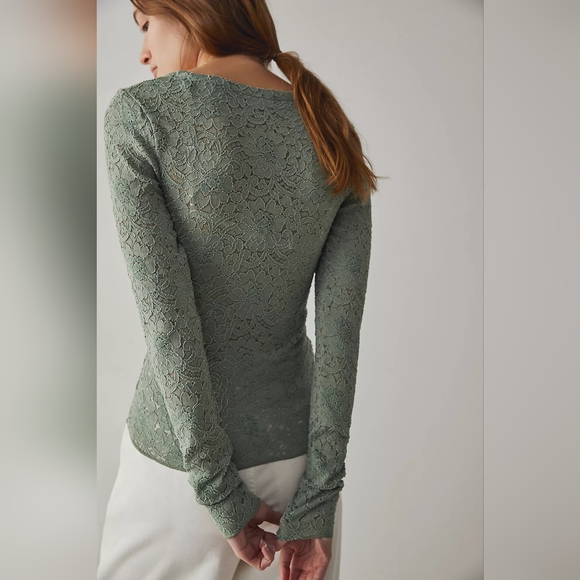 FREE PEOPLE + Intimately Sheer Lace Long Sleeve Top Cloud Ride Notch LARGE NWT - Picture 3 of 16